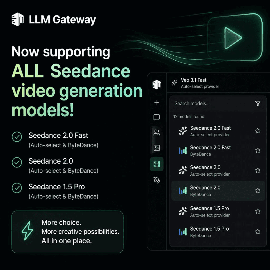 LLM Gateway now supports all ByteDance Seedance video generation models